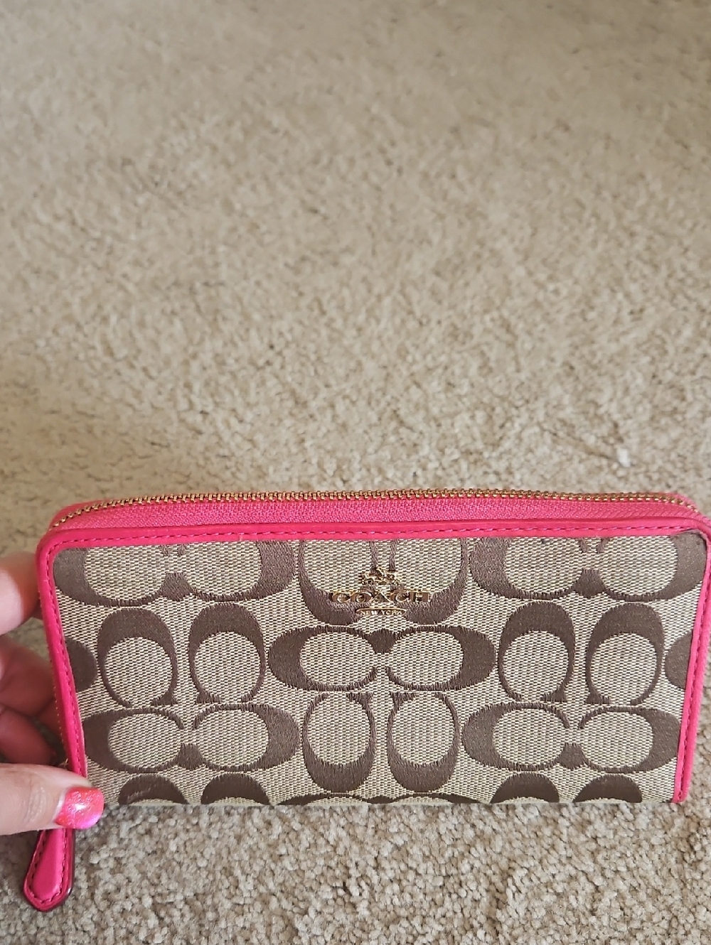 EUC Coach Signature Continental Wallet in Khaki/Brown with Pink Trim - Picture 11 of 16